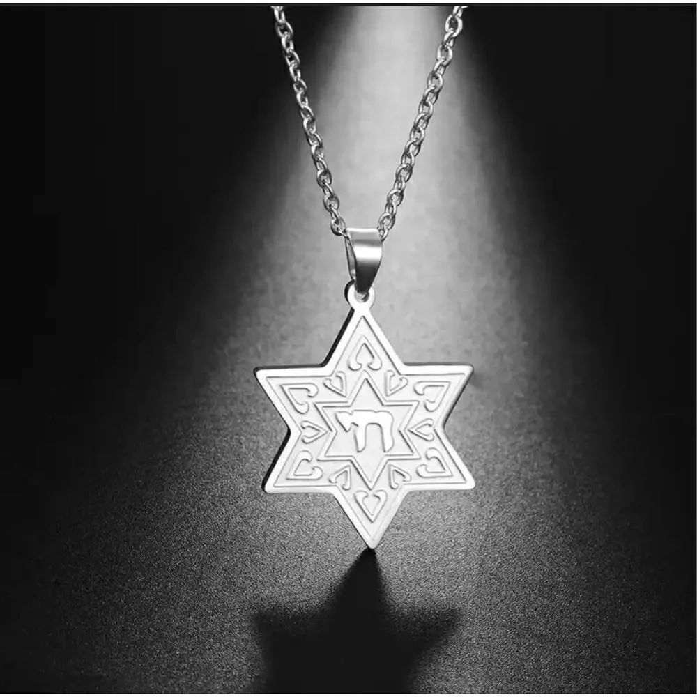 Star of David Chai Hai Pendant Necklace Stainless Steel Silver Color Israel Jewi